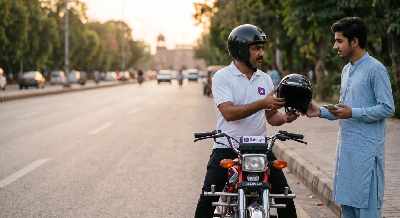 A Sahraye bike rider handing a helmet to his passenger on Mall Road, Lahore